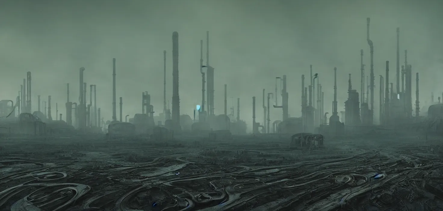 Image similar to polluted industrial alien landscape, smoke, soot, cinematic, detailed, epic, widescreen, opening, establishing, mattepainting, photorealistic, realistic textures, octane render, hr giger and vincent di fate, vivid color scheme, featured in artstation, octane render, cinematic, elegant, intricate, 8 k