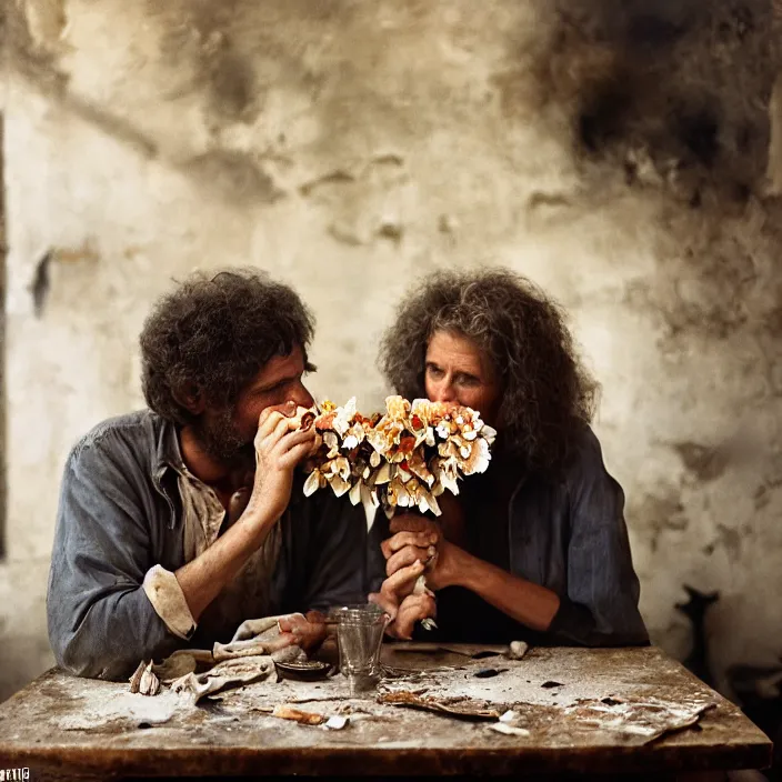 Image similar to closeup portrait of a couple eating flowers at a dining table, in a burnt charred house, by Annie Leibovitz and Steve McCurry, natural light, detailed face, CANON Eos C300, ƒ1.8, 35mm, 8K, medium-format print