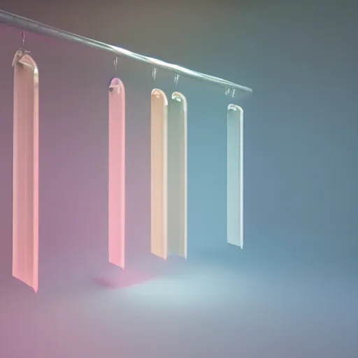 Image similar to an ultra high definition professional studio quality photograph of a transparent iridescent perspex pastel coloured luggage bag on a coat hook in an empty white room. dramatic lighting, ray tracing, refraction, shallow d. o. f, colour corrected, golden ratio, three point light. volumetric shadows. light rays.