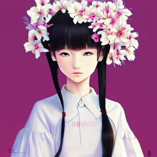 Image similar to little chinese girl with flowers in hair wearing an white dress. art by ilya kuvshinov, profile picture, inspired in hirohiko araki, realistic, highly detailed, 8 0 s anime art style
