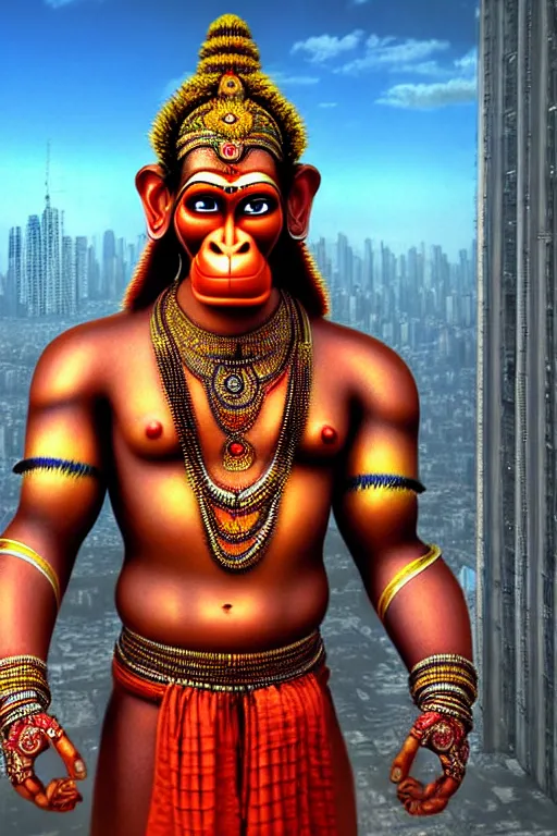 Image similar to high quality 3 d render hyperrealistic cyborg hanuman! madhubani, highly detailed, cyberpunk!! mumbai in the background, unreal engine cinematic smooth, in the style of solaris, hannah yata charlie immer, moody light, low angle, uhd 8 k, sharp focus