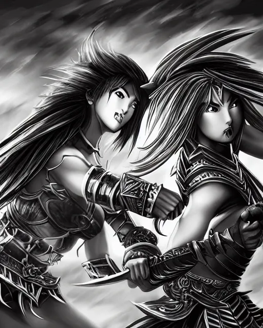 Image similar to Two female warriors fighting, black and white, highly detailed face, close-up, fantasy art, fighting art, in the style of masami kurumada, illustration, epic, fantasy, intricate, hyper detailed, artstation, concept art, smooth, sharp focus, ray tracing