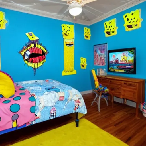 Image similar to A high quality photograph of a SpongeBob themed bedroom