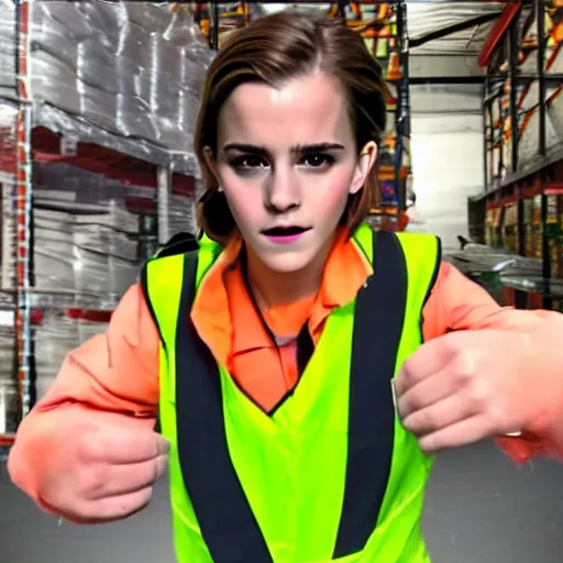 Prompt: photo, close up, emma watson in a hi vis vest, in warehouse, concerned expression, android cameraphone, snapchat story screenshot, 2 6 mm,