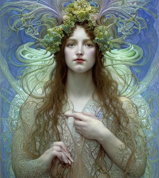 Image similar to beautiful young orchid fairy detailed realistic porcelain face portrait by jean delville, alphonse mucha, iris van herpen and charlie bowater, art forms of nature by ernst haeckel, art nouveau, symbolist, visionary, gothic, neo - gothic, pre - raphaelite, fractal lace, intricate alien botanical biodiversity, surreality, hyperdetailed ultrasharp octane render