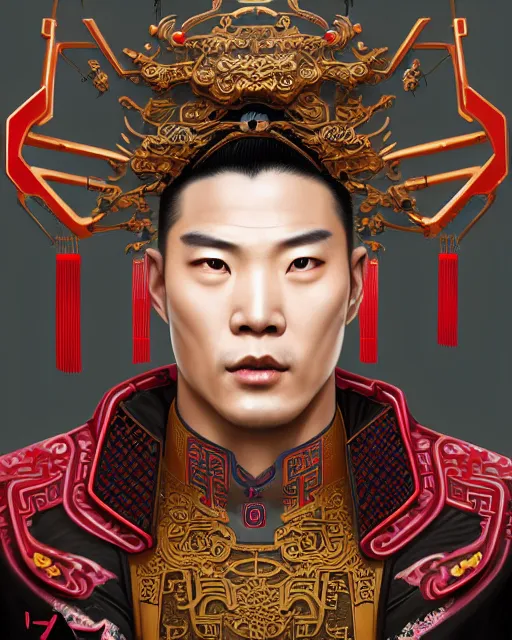 Image similar to portrait of a chinese masculine male cyberpunk machine, machine face, upper half portrait, decorated with chinese opera motifs, muscular, asian, fine china, wuxia, traditional chinese art intricate intense elegant 京 剧 highly detailed symmetry headpiece digital painting artstation concept art smooth sharp focus illustration, art by artgerm and greg rutkowski alphonse mucha 8 k