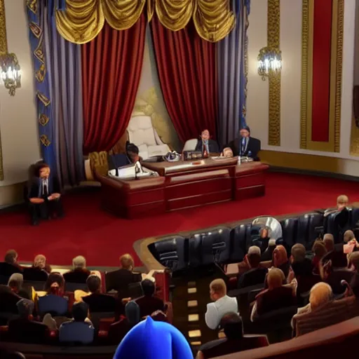 Prompt: Sonic the Hedgehog testifying before the US senate. Realistic, 8k, dramatic lighting, highly detailed.