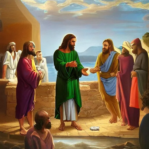 Prompt: Jesus buying a fish sandwich with cash, biblical scene