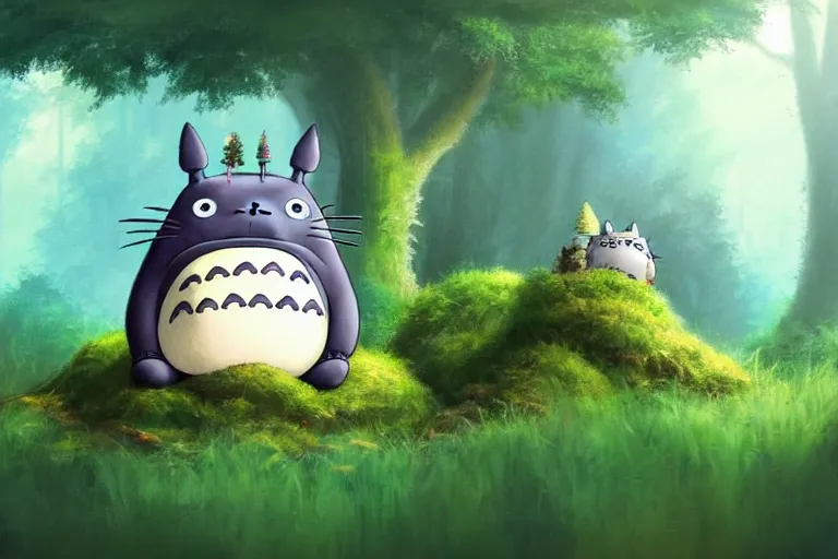 Prompt: Totoro sitting in a forest, fantasy, pixar, animated movie, high detail, god rays, Trending on artstation, artstationHD, artstationHQ