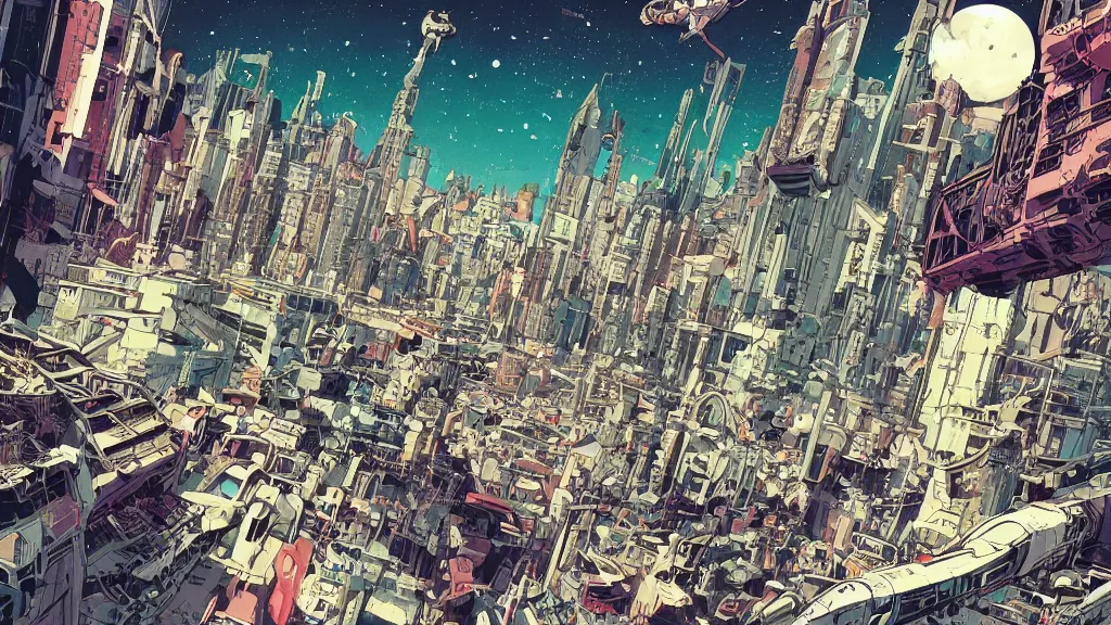 Image similar to colourful prophet graphic novel, ilya kuvshinov, mcbess, rutkowski, simon roy, roset, kuvshinov, illustration of decrepit cyberpunk arcologies in dystopian megalopolis ruins with spaceship debris floating in space, wide shot, high contrast colors, very anime!!! anime!! intricate details, deep shadows, astrophotography