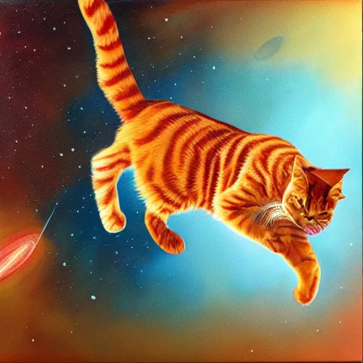 Image similar to a red tabby cat flying through space while sitting on a synthesizer, highly detailed oil painting