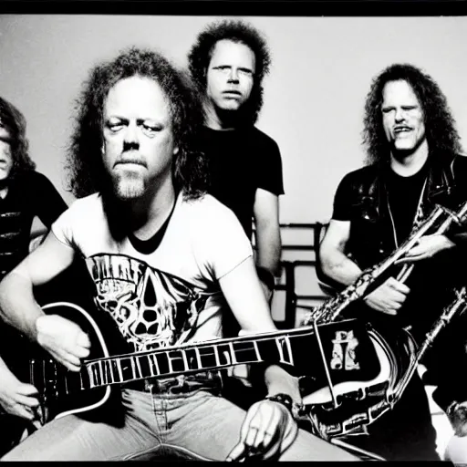 Prompt: Metallica as a jazz band, 80s concert photo