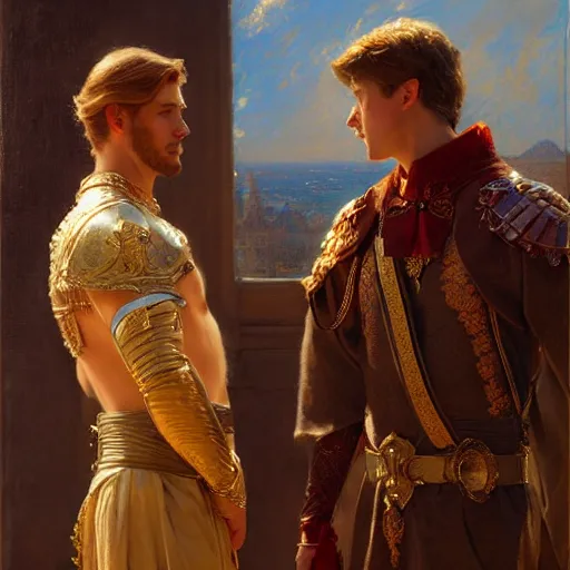 Image similar to attractive fully clothed king confesses his love for his attractive fully clothed male prince. highly detailed painting by gaston bussiere, craig mullins, j. c. leyendecker 8 k