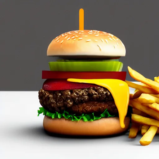 Image similar to a burger in the shape of a cat, with fries, volumetric lighting, 4 k