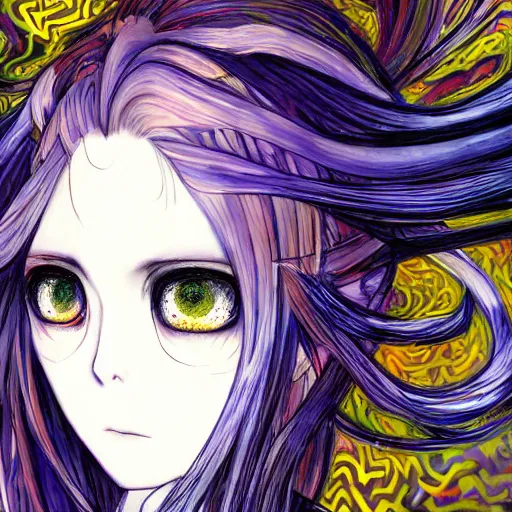 Image similar to yoshitaka amano realistic illustration of an anime girl with black eyes and long wavy white hair wearing dress suit with tie and surrounded by abstract junji ito style patterns in the background, complementary colors, blurry and dreamy illustration, noisy film grain effect, highly detailed, oil painting with expressive brush strokes, weird portrait angle