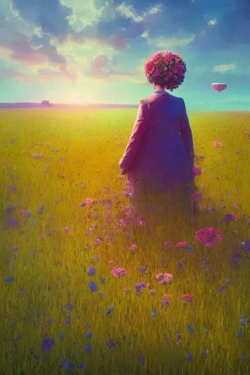 Image similar to closeup, giant flower head, girl in suit floating above field of flowers, surreal photography, sunrise, blue sky, dramatic light, impressionist painting, digital painting, artstation, simon stalenhag