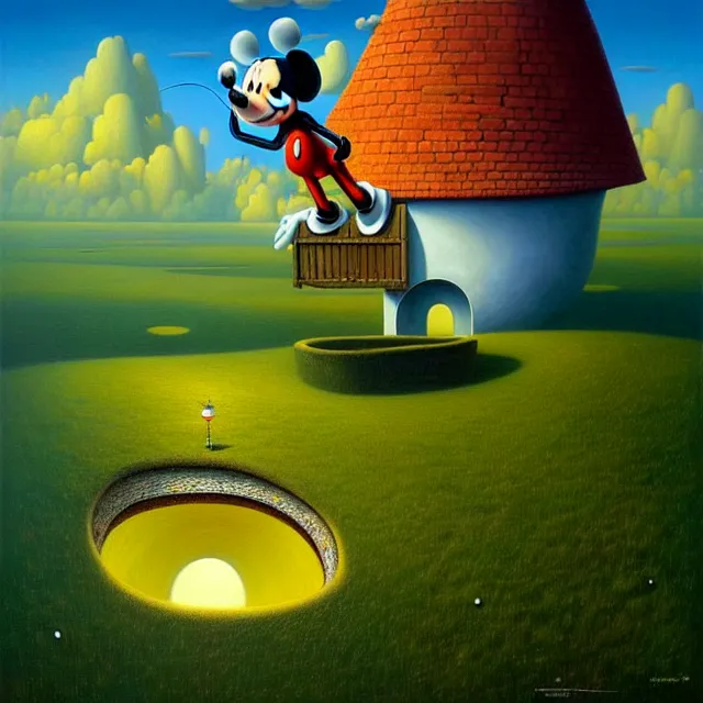 Prompt: gediminas pranckevicius an oil on canvas portrait painting of mickey mouse, surrealism, surrealist, cosmic horror, rob gonsalves, high detail, hole space time warp zica