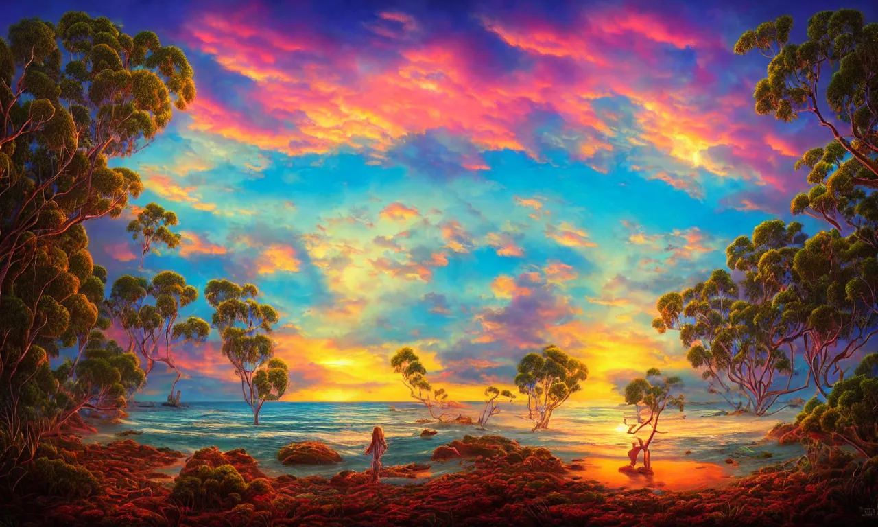 Prompt: Beautiful Australian island sunrise, Mark Ryden style, vivid colors, high details, cinematic, 8k resolution, beautiful detailed, photorealistic, digital painting, happy vibes, artstation, concept art, smooth, sharp focus, illustration, fantasy background, artstation trending, octane render, unreal engine