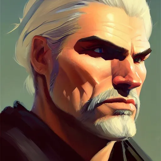 Image similar to Greg Manchess portrait painting of Geralt of Riva as Overwatch character, medium shot, asymmetrical, profile picture, Organic Painting, sunny day, Matte Painting, bold shapes, hard edges, street art, trending on artstation, by Huang Guangjian and Gil Elvgren and Sachin Teng