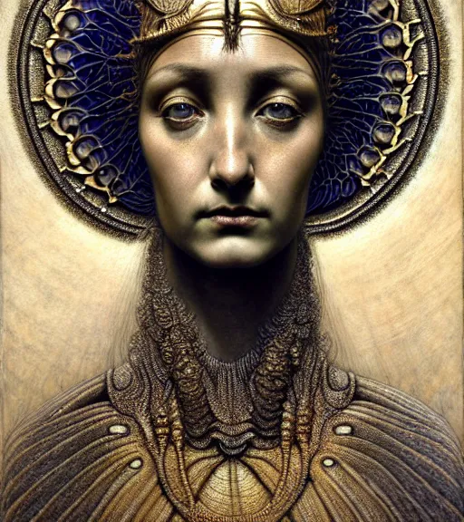 Image similar to detailed realistic beautiful cleopatra face portrait by jean delville, gustave dore, iris van herpen and marco mazzoni, art forms of nature by ernst haeckel, art nouveau, symbolist, visionary, gothic, neo - gothic, pre - raphaelite, fractal lace, intricate alien botanicals, ai biodiversity, surreality, hyperdetailed ultrasharp octane render