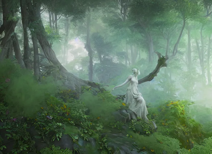 Image similar to an idealistic marble statue with fractal flowery hair and fair porcelain face and green eyes, in a magical forest, painted by, mc escher, gordon onslow ford, georgia o'keeffe and ivan aivazovsky, cinematic light, god rays, colourful, unreal engine, zbrush central,