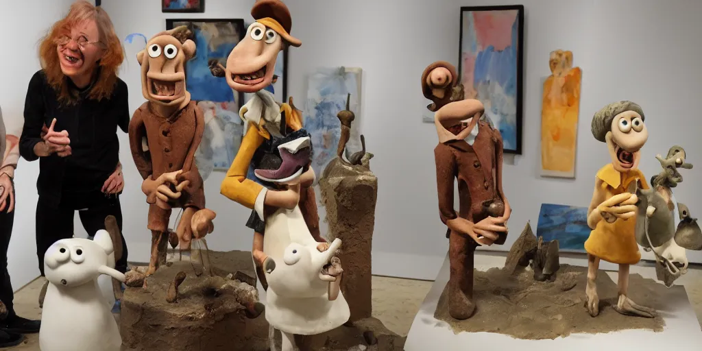 Image similar to wallace and gromit visit a gallery, clay, art exhibition, contemporary art,