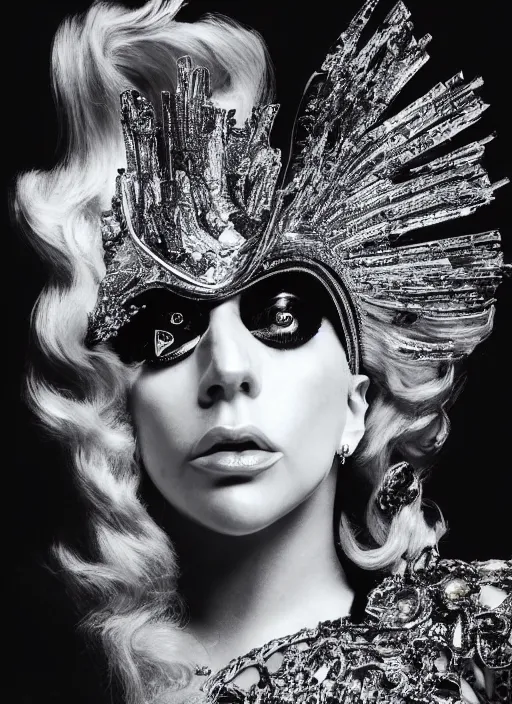 Prompt: lady gaga styled by nick knight posing, artpop, the fame, full body shot, set pieces, intricate set, vogue magazine, canon, highly realistic. high resolution. highly detailed. dramatic. 8 k. 4 k.