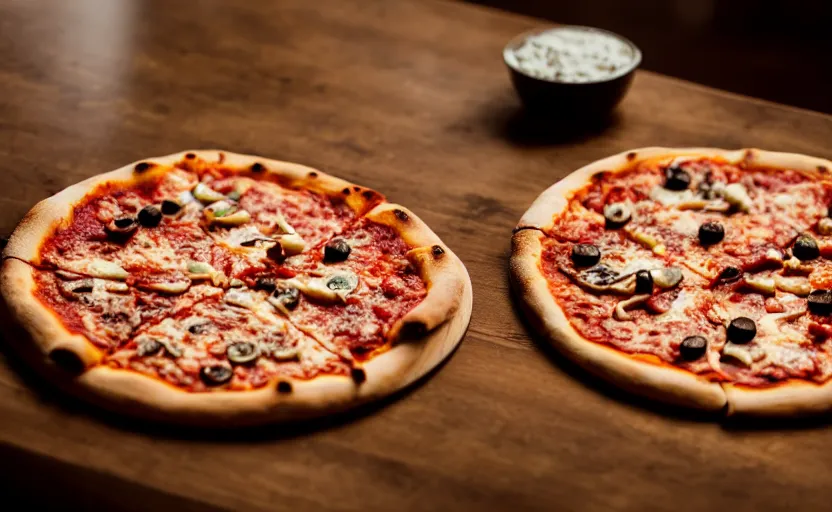 Image similar to a pizza on wooden table, natural light, cinematic lighting, 8 k