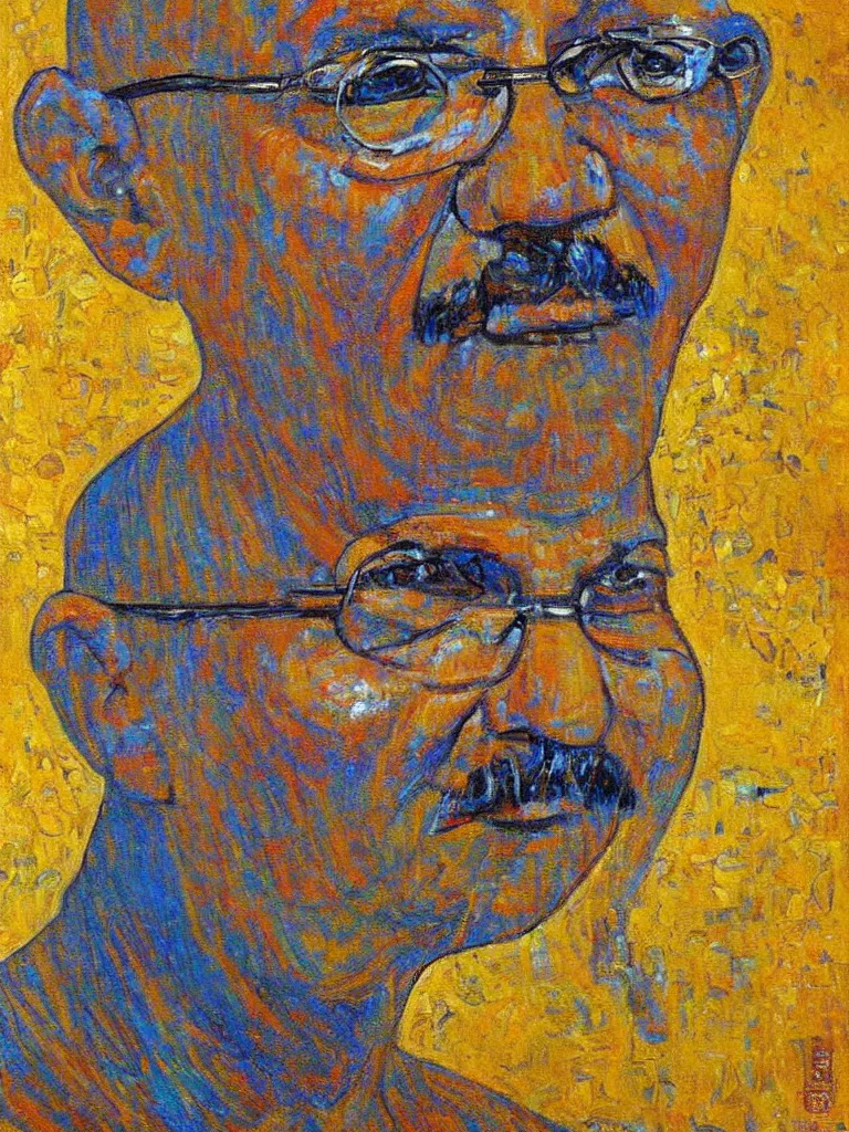 Image similar to a beautiful portrait painting of Mohandas Karamchand Gandhi! in front of the whole world united in the art style of Gustav Klimt, impasto oil painting, blue and golden color scheme