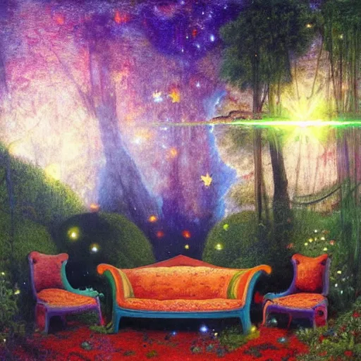 Prompt: psychedelic couch sofa in the lush forest, milky way, designed by arnold bocklin, jules bastien - lepage, tarsila do amaral, wayne barlowe and gustave baumann, cheval michael, trending on artstation, mediterranean, star, sharp focus, colorful refracted sparkles and lines, soft light, 8 k 4 k