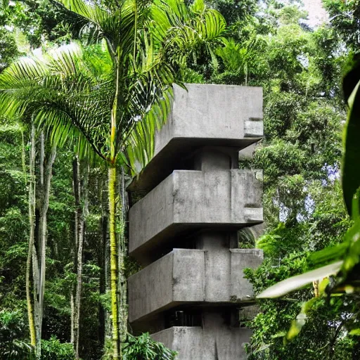 Prompt: A brutalist tower in the middle of a tropical jungle, by Brick Visual, by Luxigon