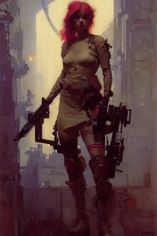 Image similar to portrait max mad cyberpunk, girl with a rifle character design, painting by gaston bussiere, katsuya terada, nc wyeth, greg rutkowski, craig mullins, vermeer, frank frazetta, tom of finland, trending on artstation, jeffery catherine jones