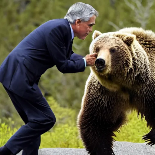 Prompt: Jerome Powell fighting a grizzly bear