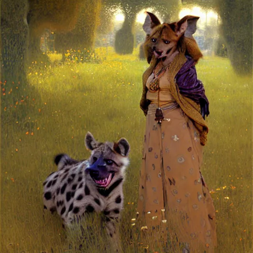 Image similar to a field with a female hyena hyenawoman canine in wizard robes. zootopia fursona furaffinity furry art detailed face painting by gaston bussiere craig mullins jc leyendecker gustav klimt artgerm greg rutkowski furry