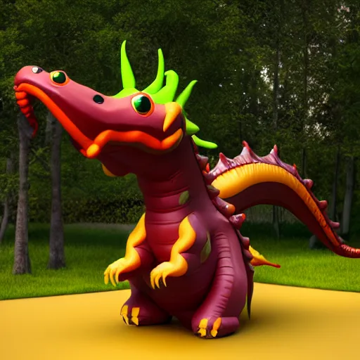 Image similar to an inflatable dragon is standing in the air, a character portrait by toyen, polycount, plasticien, rendered in maya, daz 3 d, 3 d