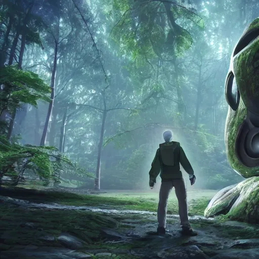 Prompt: a man finding a ancient giant ruined alien spaceship in a forest, anime style, octane render, hyperrealistic, unreal engine 5, fancy lighting, trending on Artstation, highly detailed, high quality, post processed, 8K HDR, 3D render