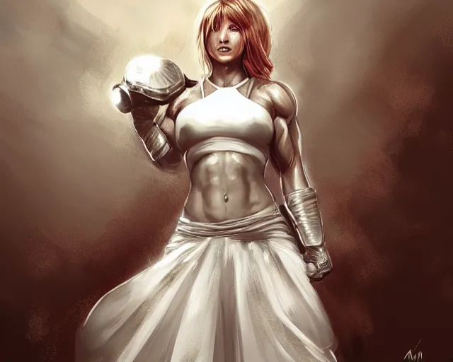 Image similar to portrait of samus aran as a very attractive happy female bodybuilder wearing wedding dress, elegant, fantasy, hd shot, digital portrait, beautiful, artstation, comic style, by artgerm, guy denning, jakub rozalski, magali villeneuve and charlie bowater