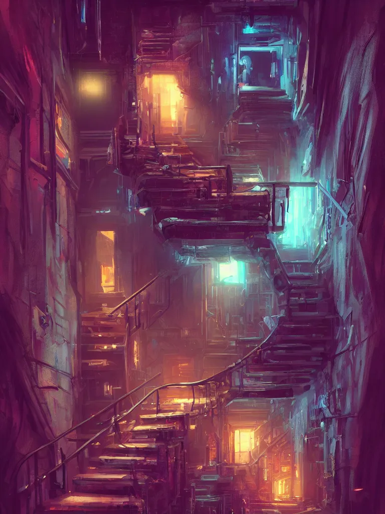 Image similar to look down a cellar staircase, neon lights, cyberpunk style, digital painting, concept art, smooth, sharp focus, hyperrealistic, illustration, artstation trending