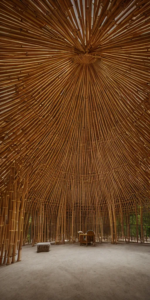 Image similar to inside small pavilion made of bamboo. complex vaulting structure with many thin columns. architectural photography. coronarender, 4 k, 8 k. volumetric lighting.