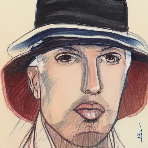 Image similar to a drawing of a man wearing a hat, a gouache by Hirohiko Araki, tumblr contest winner, modern european ink painting, watercolor, colorized, art on instagram