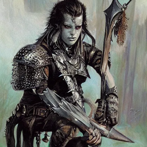 Image similar to portrait of a waifish punk goth wearing armor and holding sword by frank fazetta, fantasy, barbarian