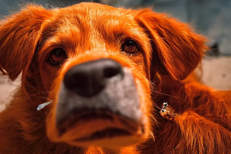 Image similar to closeup potrait of orange dog with bulgy eyes, licking its own nose, photograph, natural light, sharp, detailed face, magazine, press, photo, Steve McCurry, David Lazar, Canon, Nikon, focus