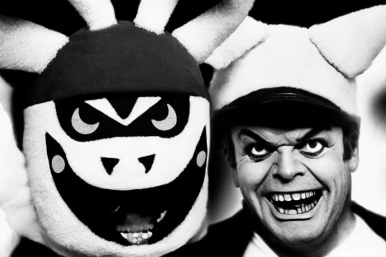 Image similar to Jack Nicholson dressed up in costume of Pikachu, scary, horror, still from the film by Stanley Kubrick