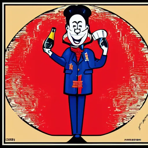 Prompt: champagne communist clown, chinese propaganda, vivid colors, poster art style, detailed image, saturated colors, dominating red, detailer portrait