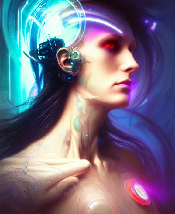 Image similar to a whirlwind of souls rushing inside the metaverse, hologram, half body, neurochip, shaved temple, piercing, jewelry, android, cyborg, cyberpunk face, by loish, d & d, fantasy, intricate, elegant, highly detailed, colorful, digital painting, artstation, concept art, art by artgerm and greg rutkowski and alphonse mucha