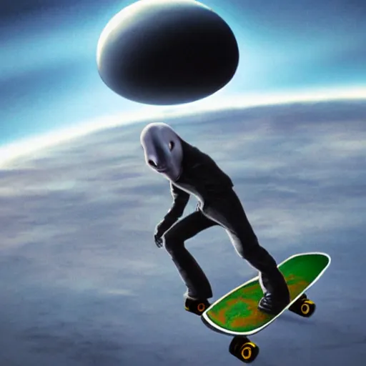 Prompt: Grey alien on a skateboard grinding on a satellite hyper-realistic far away shot bad camrea