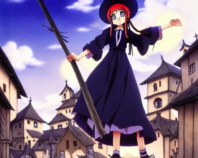 Image similar to ( ( majo no tabitabi ) ), kyoani key anime visual portrait of a young female witch walking through a busy medieval village, dynamic pose, dynamic perspective, cinematic, dramatic lighting, detailed silhouette, anime proportions, perfect anime face ( murata range )