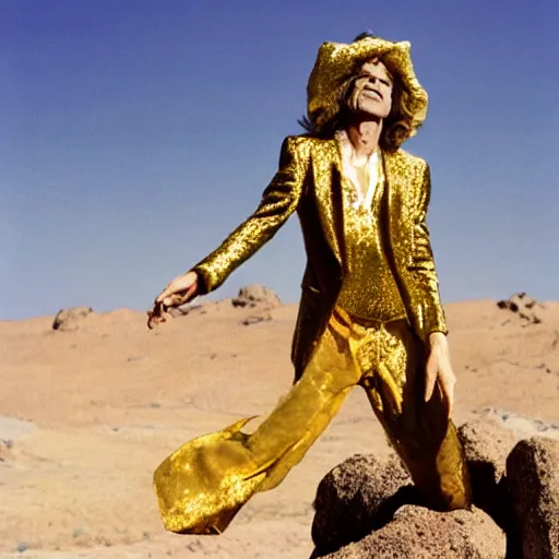 Prompt: mick jagger dressed in golden costume with jewels in a dry rocky desert landscape, visible sky and sunny atmosphere, fata morgana by alejandro jodorowsky, anamorphic lens, kodakchrome, 8 k -