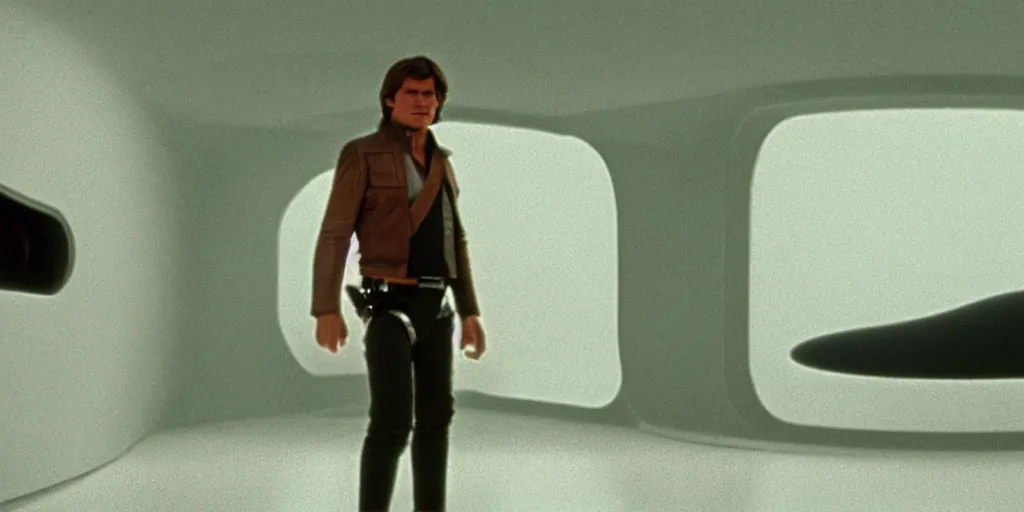 Image similar to screenshot of portrait Han Solo standing in an surreal light green 70s round minimalist architecture, on a planet of maelstrom, chaos, the world without form and void, 1970s film by Stanley Kubrick, iconic scene, HR Geiger design, stunning cinematography, octane render, hyper-detailed, sharp, anamorphic lenses, kodak color, 4k, stunning