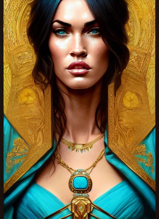 Prompt: portrait of megan fox as a queen, throne, jewelry, greek, turquoise, intricate, headshot, highly detailed, digital painting, artstation, concept art, sharp focus, cinematic lighting, illustration, art by artgerm and greg rutkowski, alphonse mucha, cgsociety